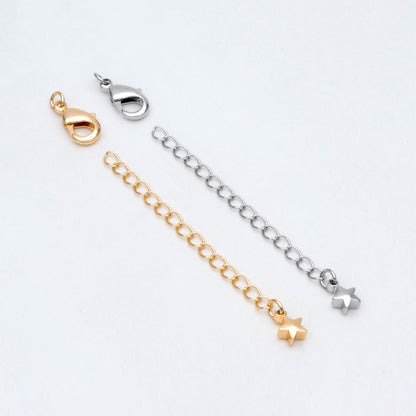 10pcs Lobster Claw Clasps with Star Extender Chain 70mm, Gold/ Rhodium plated Brass, 3mm Wide Extension Chain (GB-100-C)