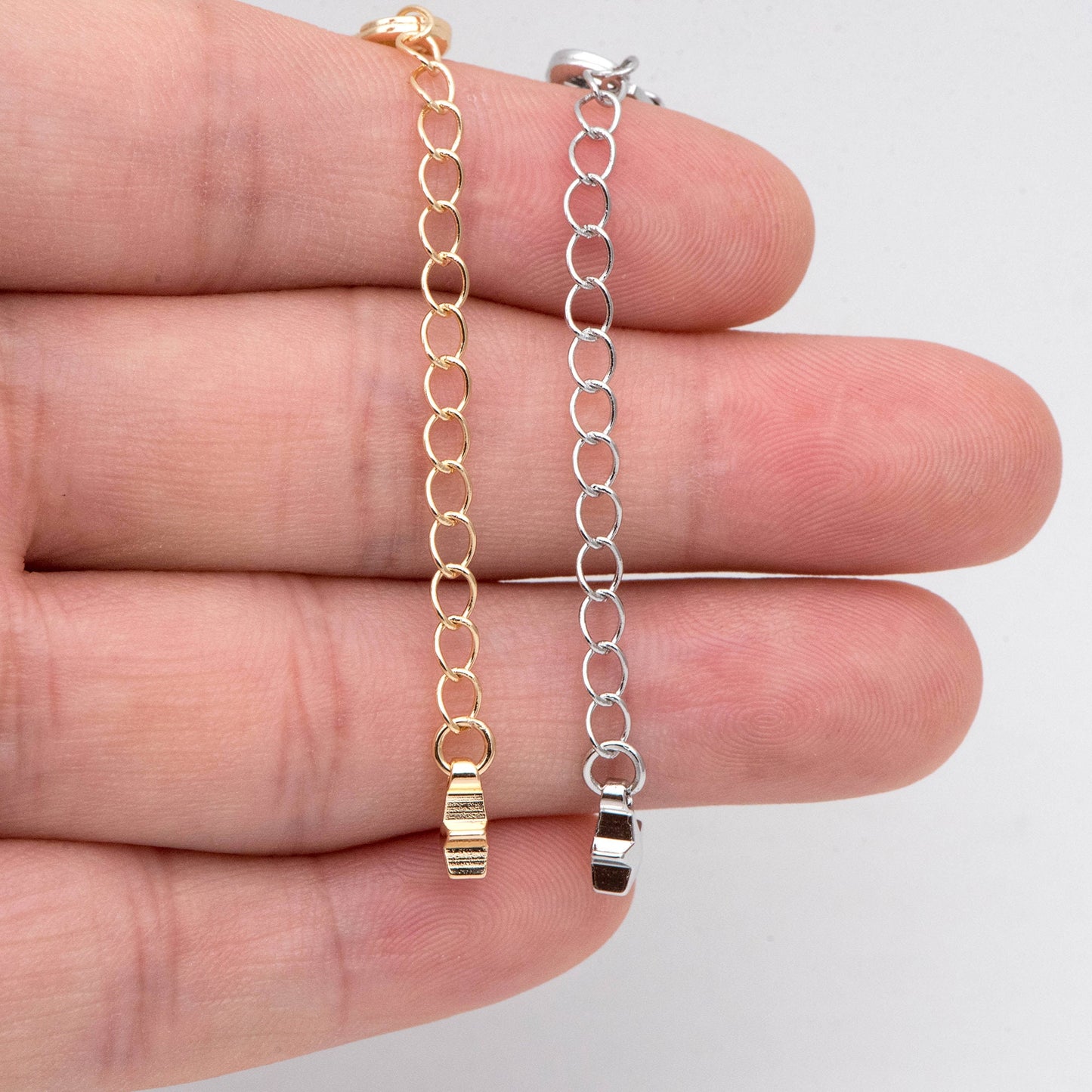 10pcs Lobster Claw Clasps with Star Extender Chain 70mm, Gold/ Rhodium plated Brass, 3mm Wide Extension Chain (GB-100-C)