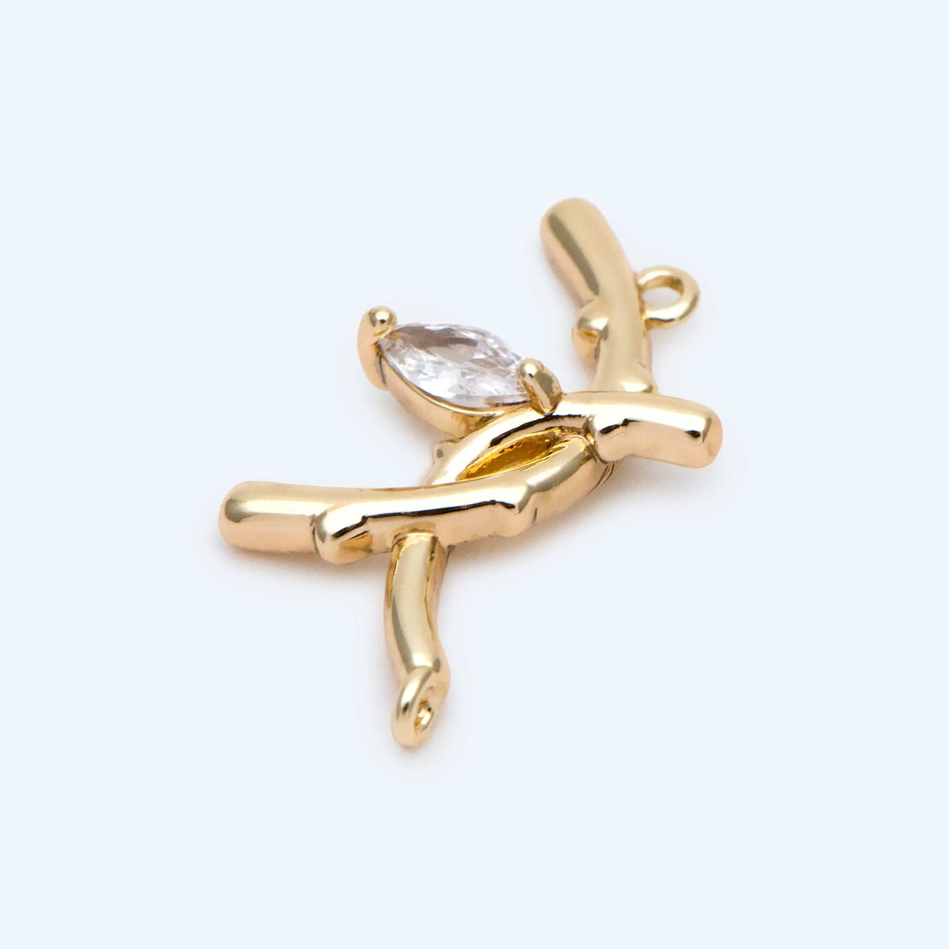 10pcs CZ Pave Branch Connectors 18x10mm, Gold plated Brass Branch charms with Two Loops (GB-3145-D)