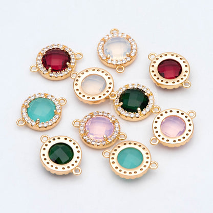 4pcs CZ Pave Gold Framed Glass Connector 16x12mm, Circle Bezel Charm Pendants (GB-2881)