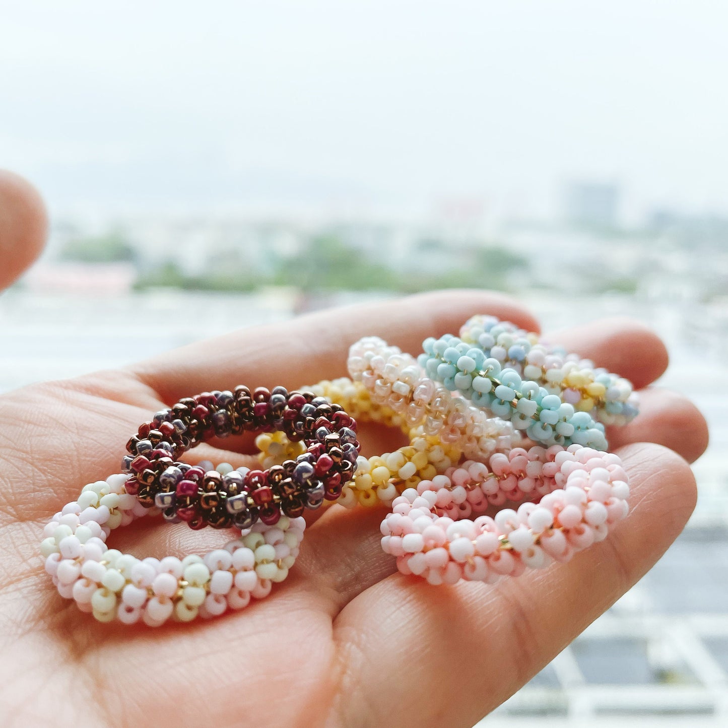 4pcs Beaded Hoop Findings: Pastel Glass Bead Circle, 25mm (FB-077)