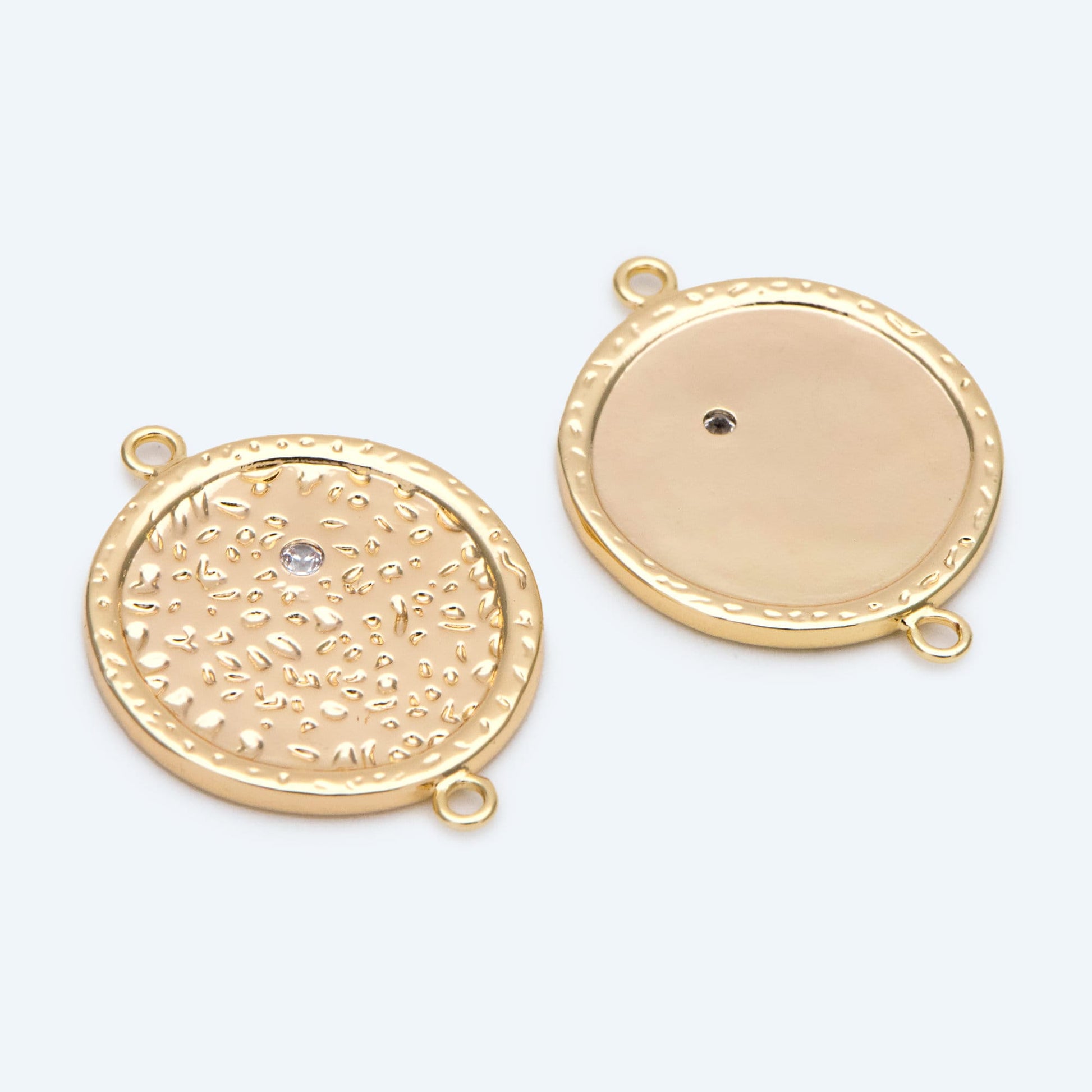 4pcs CZ Pave Gold Round Hammered Disc Connectors, Gold plated Brass Coin Disk Charms (GB-2848)