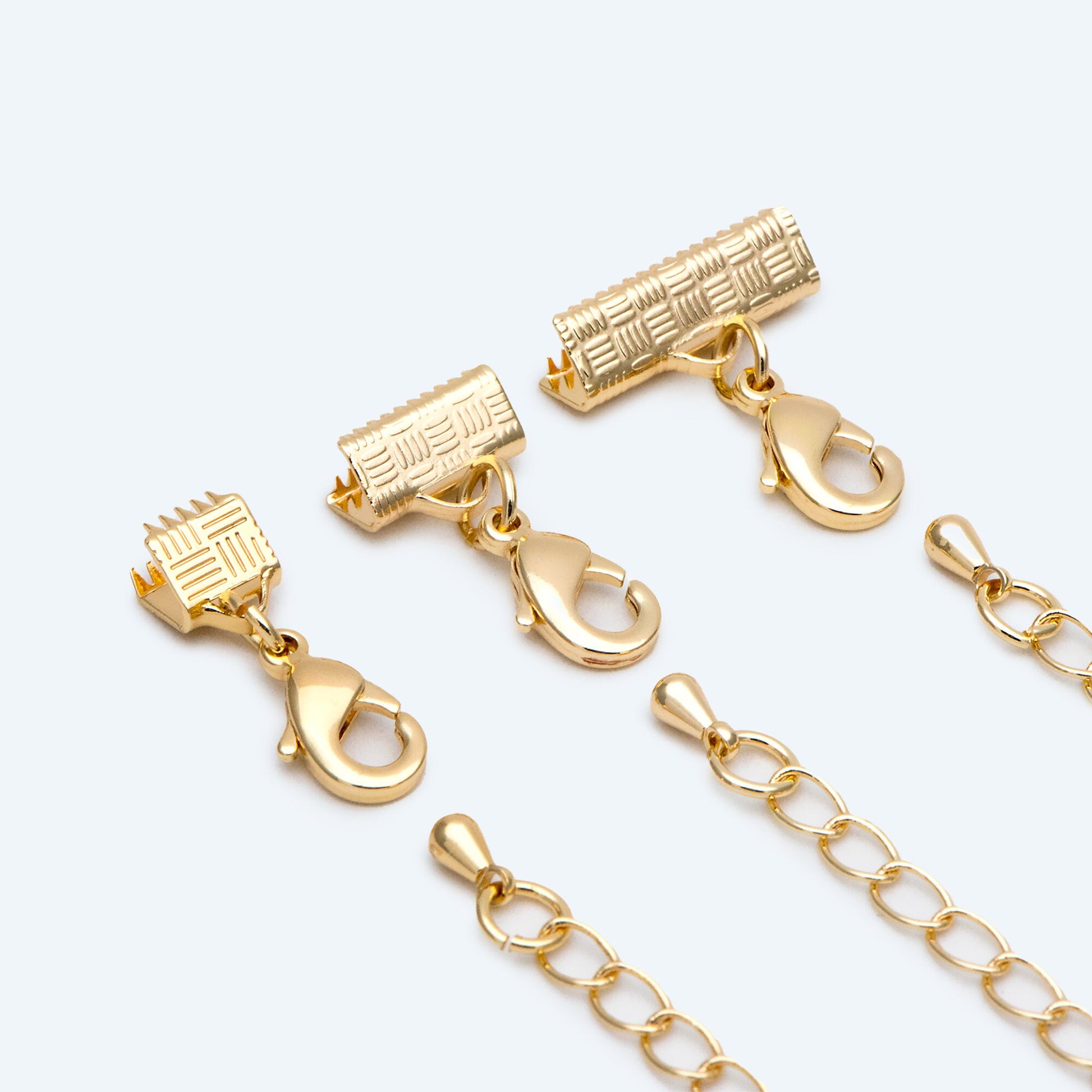 10pcs Gold Crimp End Tips with Extender Chain, Gold plated Brass, 6/ 10 /16mm Wide leather end with Lobster Claw Clasps (GB-2852)