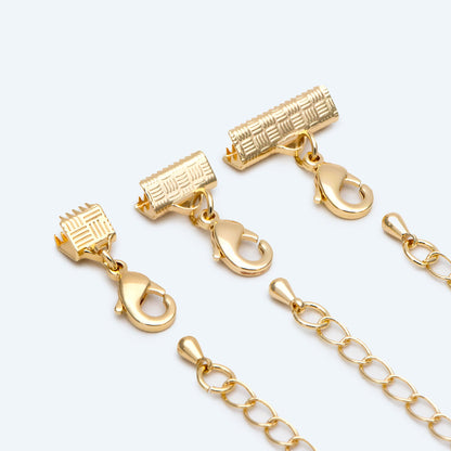 10pcs Gold Crimp End Tips with Extender Chain, Gold plated Brass, 6/ 10 /16mm Wide leather end with Lobster Claw Clasps (GB-2852)