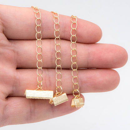 10pcs Gold Crimp End Tips with Extender Chain, Gold plated Brass, 6/ 10 /16mm Wide leather end with Lobster Claw Clasps (GB-2852)