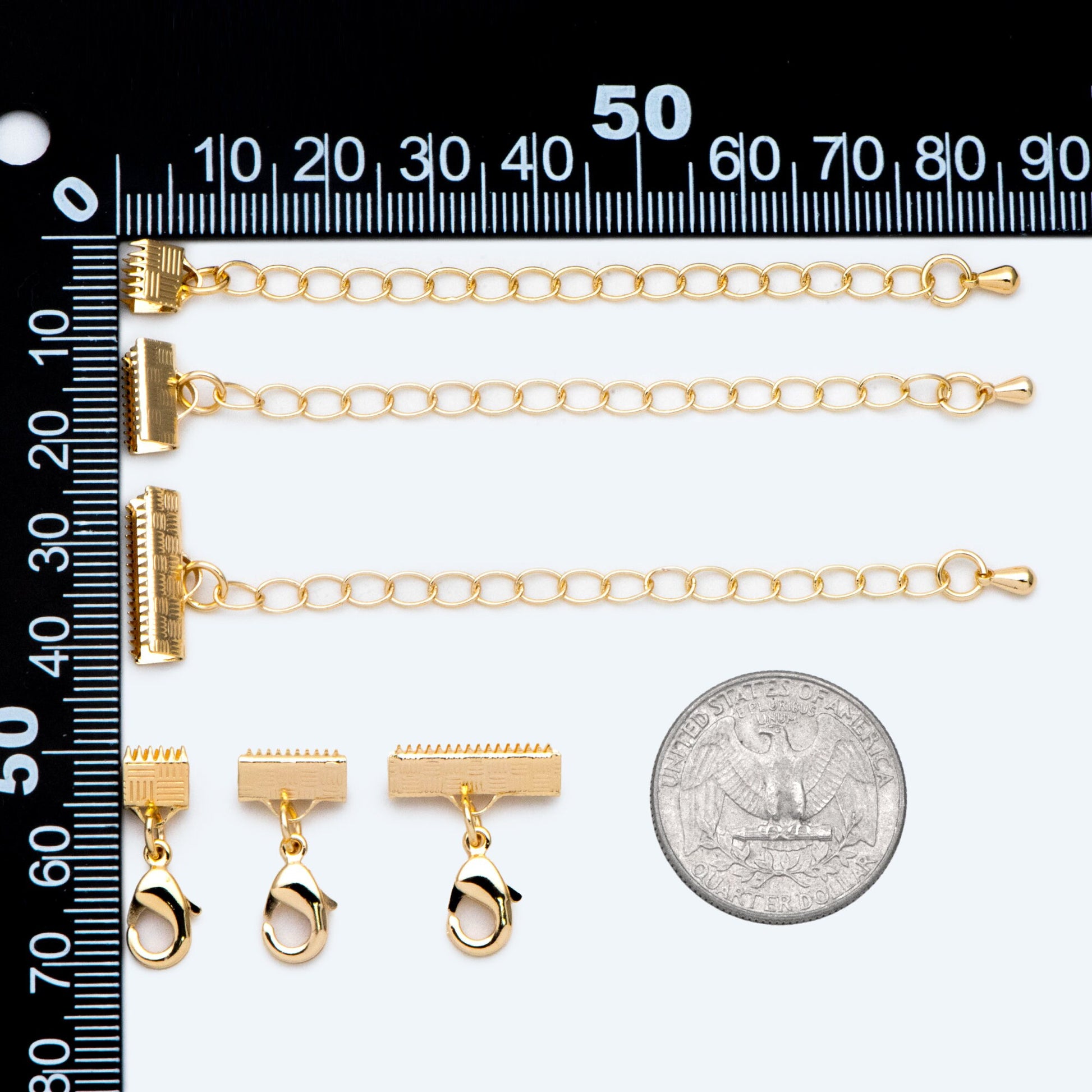 10pcs Gold Crimp End Tips with Extender Chain, Gold plated Brass, 6/ 10 /16mm Wide leather end with Lobster Claw Clasps (GB-2852)