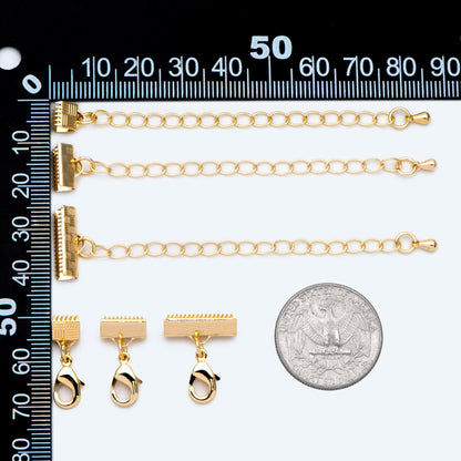 10pcs Gold Crimp End Tips with Extender Chain, Gold plated Brass, 6/ 10 /16mm Wide leather end with Lobster Claw Clasps (GB-2852)