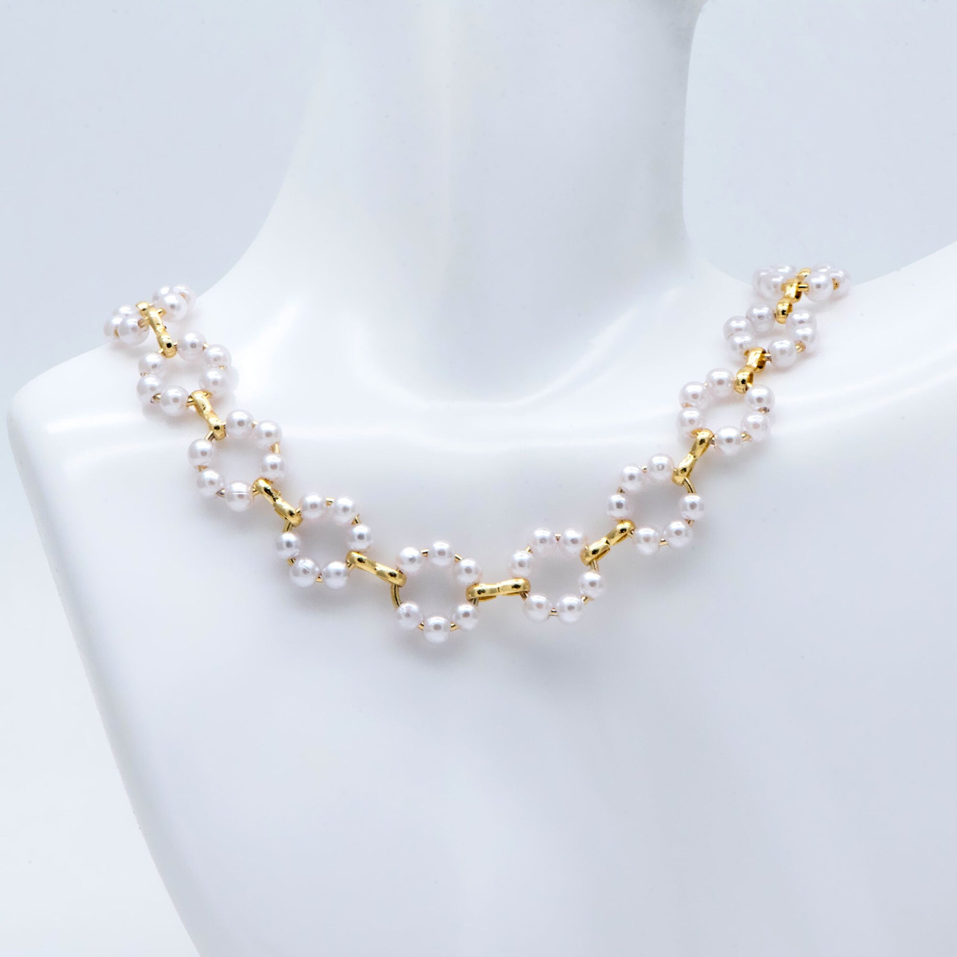 Gold Faux Pearl Hoop Chain, 18K Gold plated Brass Beaded Chain with Faux Pearl (LK-506) / 1 meter= 3.3ft