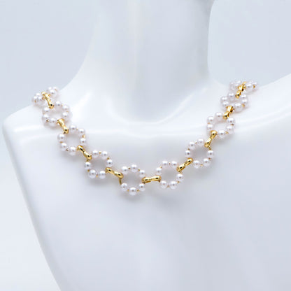 Gold Faux Pearl Hoop Chain, 18K Gold plated Brass Beaded Chain with Faux Pearl (LK-506) / 1 meter= 3.3ft