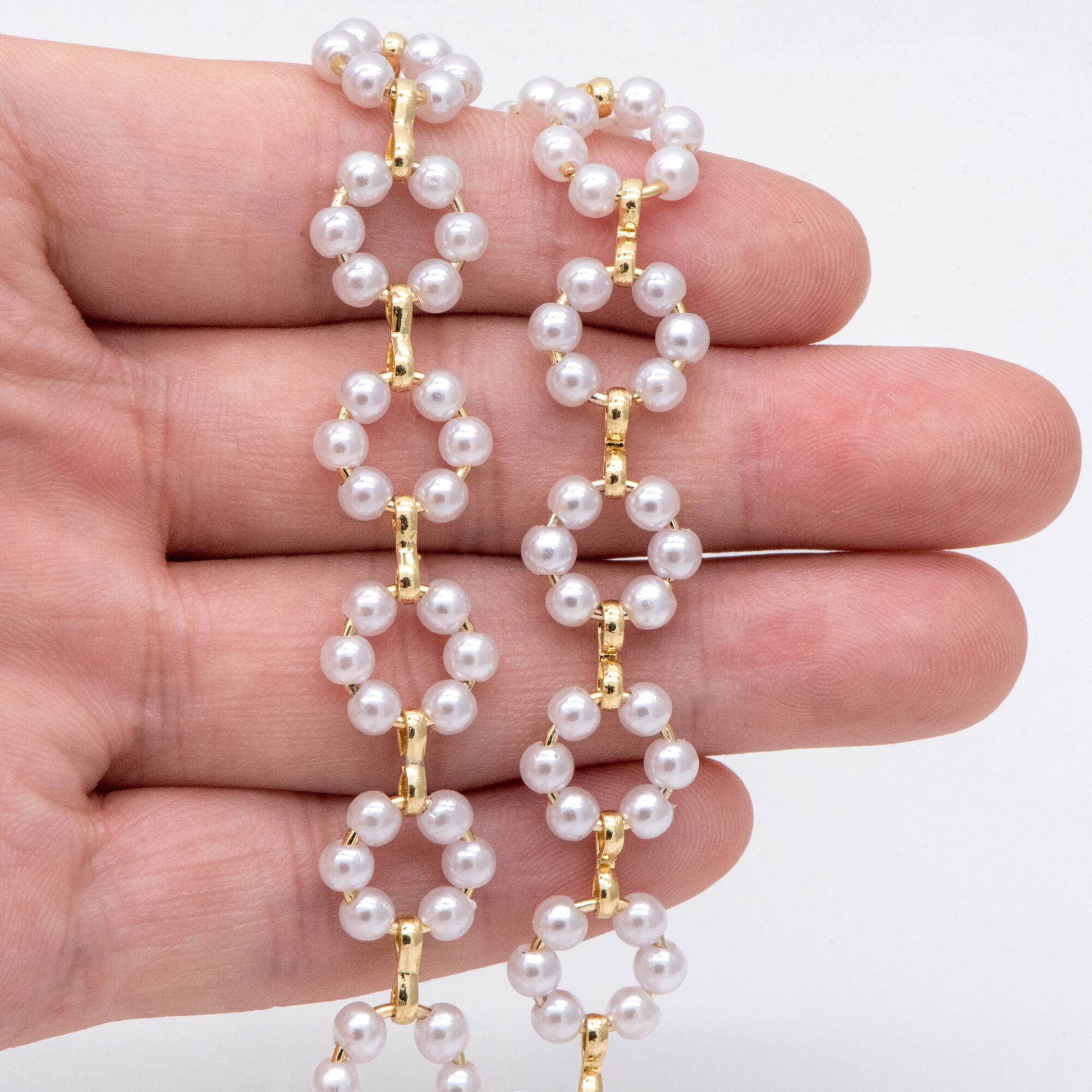 Gold Faux Pearl Hoop Chain, 18K Gold plated Brass Beaded Chain with Faux Pearl (LK-506) / 1 meter= 3.3ft