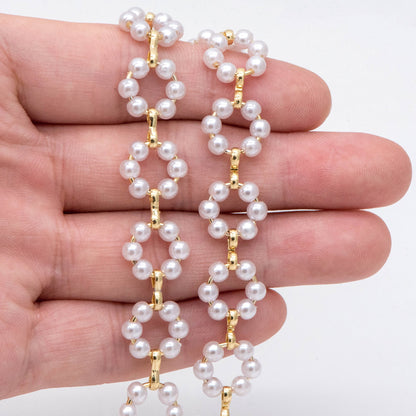 Gold Faux Pearl Hoop Chain, 18K Gold plated Brass Beaded Chain with Faux Pearl (LK-506) / 1 meter= 3.3ft