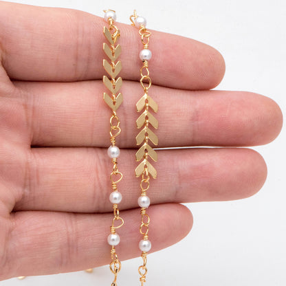 Gold Chevron Chain With Faux Pearl Connector, 18K Gold plated Brass Designer Chain (LK-507) / 1 meter= 3.3ft