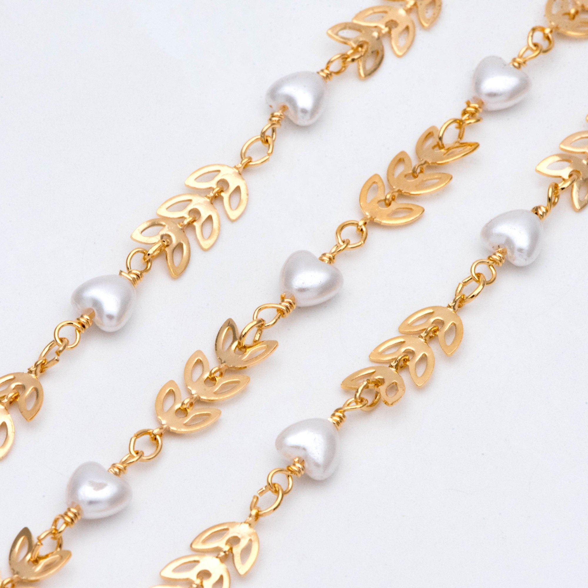 Gold Leaf Chain With Heart Faux Pearl Connector, 18K Gold plated Brass Dainty Chain (LK-508) / 1 meter= 3.3ft