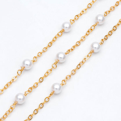 Gold Faux Pearl Beaded Chain, 18K Gold plated Brass Cable Chain with 5.3mm Faux Pearl (LK-509) / 1 meter= 3.3ft