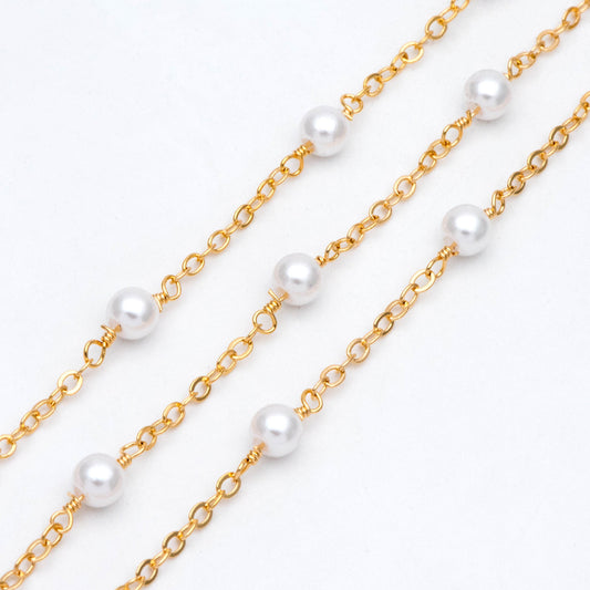 Gold Faux Pearl Beaded Chain, 18K Gold plated Brass Cable Chain with 5.3mm Faux Pearl (LK-509) / 1 meter= 3.3ft