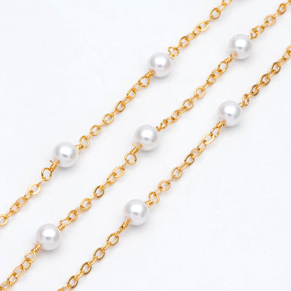 Gold Faux Pearl Beaded Chain, 18K Gold plated Brass Cable Chain with 5.3mm Faux Pearl (LK-509) / 1 meter= 3.3ft