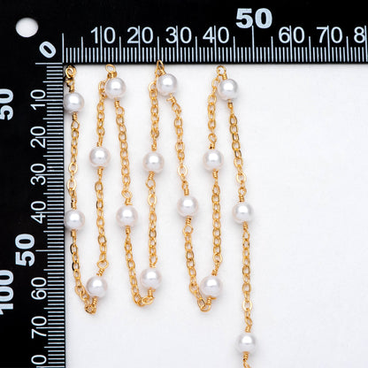 Gold Faux Pearl Beaded Chain, 18K Gold plated Brass Cable Chain with 5.3mm Faux Pearl (LK-509) / 1 meter= 3.3ft