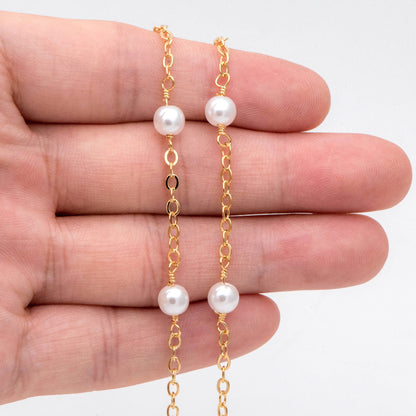 Gold Faux Pearl Beaded Chain, 18K Gold plated Brass Cable Chain with 5.3mm Faux Pearl (LK-509) / 1 meter= 3.3ft