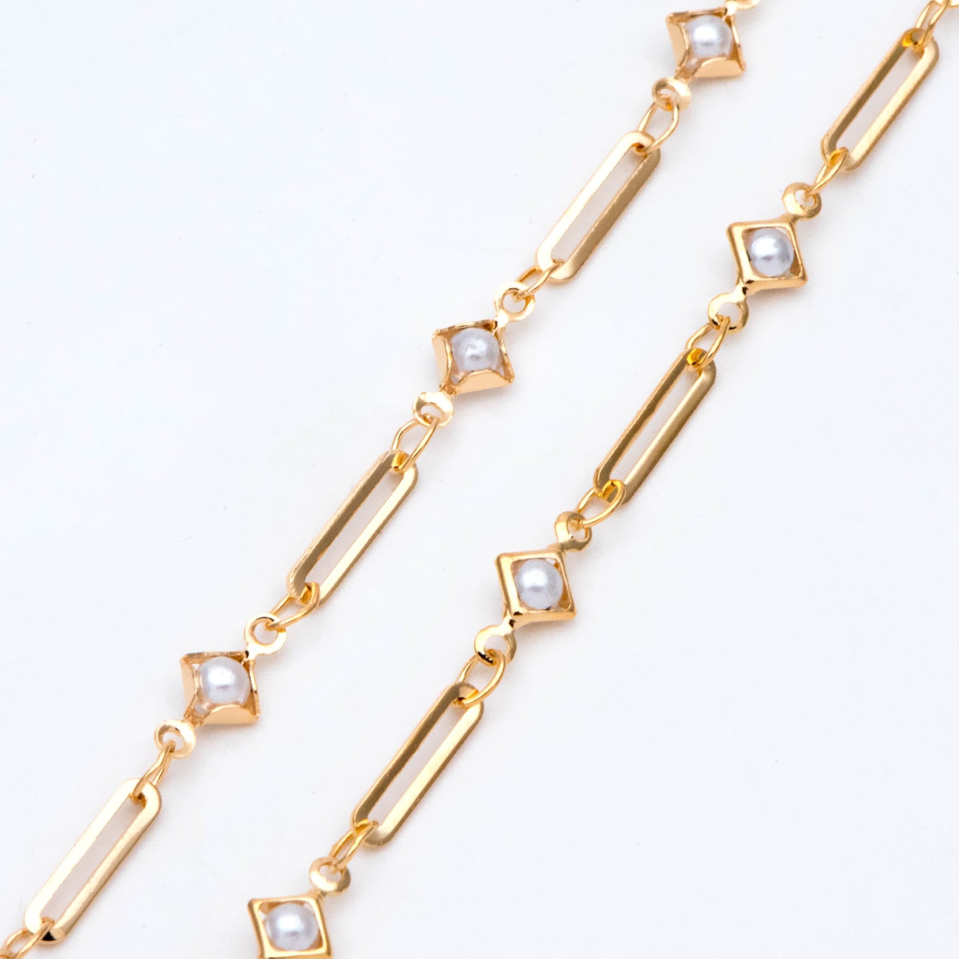 Gold Faux Pearl Beaded Chain, 18K Gold plated Brass Cable Chain with Rhombus Bezel Faux Pearl (LK-510) / 1 meter= 3.3ft