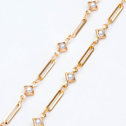 Gold Faux Pearl Beaded Chain, 18K Gold plated Brass Cable Chain with Rhombus Bezel Faux Pearl (LK-510) / 1 meter= 3.3ft