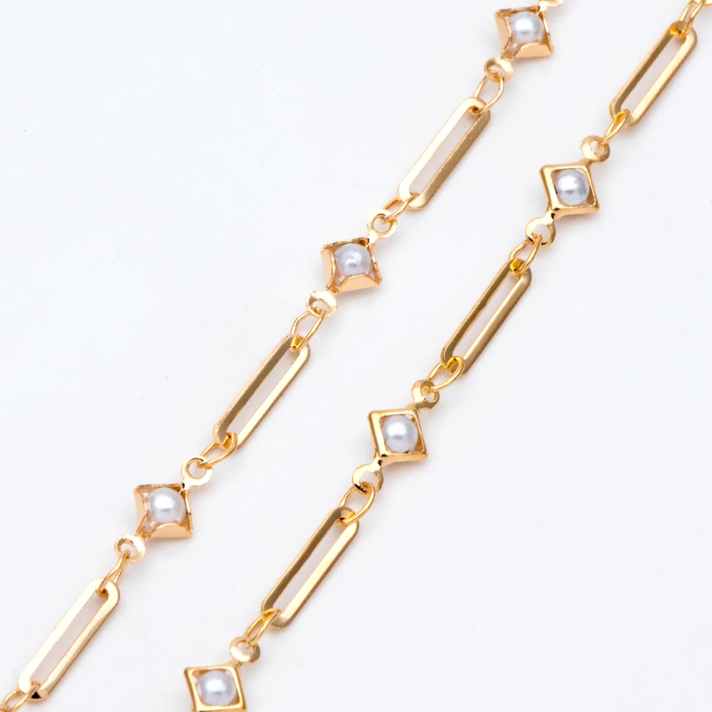 Gold Faux Pearl Beaded Chain, 18K Gold plated Brass Cable Chain with Rhombus Bezel Faux Pearl (LK-510) / 1 meter= 3.3ft