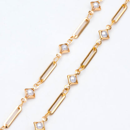 Gold Faux Pearl Beaded Chain, 18K Gold plated Brass Cable Chain with Rhombus Bezel Faux Pearl (LK-510) / 1 meter= 3.3ft