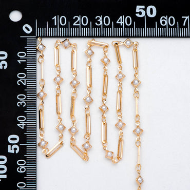 Gold Faux Pearl Beaded Chain, 18K Gold plated Brass Cable Chain with Rhombus Bezel Faux Pearl (LK-510) / 1 meter= 3.3ft