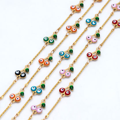 Multicolor Cherry Evil Eye Chain, Brass in Enamel, Unplated Raw Brass Designer Chain (#LK-512)/ 1 Meter=3.3ft
