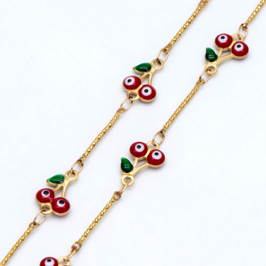 Multicolor Cherry Evil Eye Chain, Brass in Enamel, Unplated Raw Brass Designer Chain (#LK-512)/ 1 Meter=3.3ft