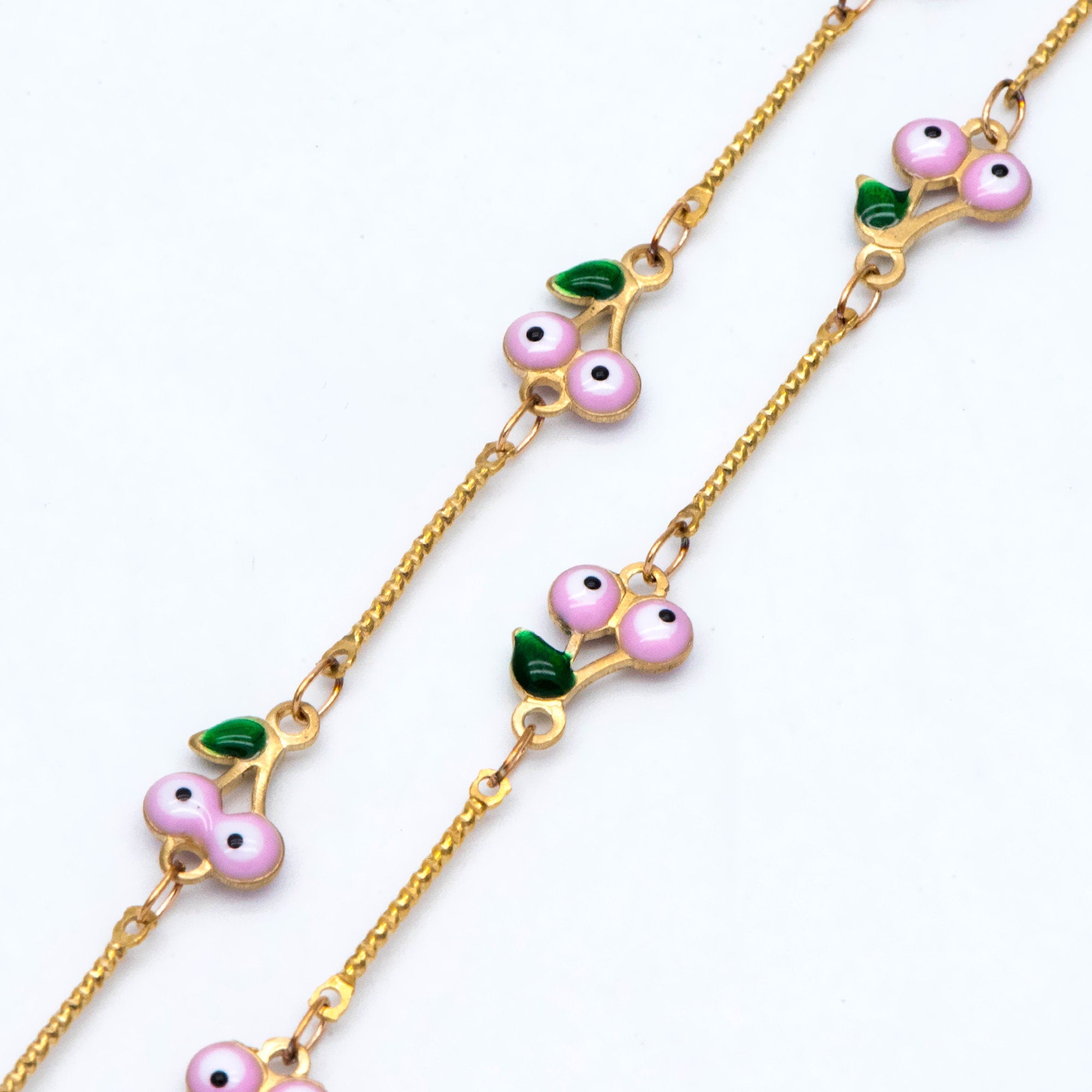 Multicolor Cherry Evil Eye Chain, Brass in Enamel, Unplated Raw Brass Designer Chain (#LK-512)/ 1 Meter=3.3ft