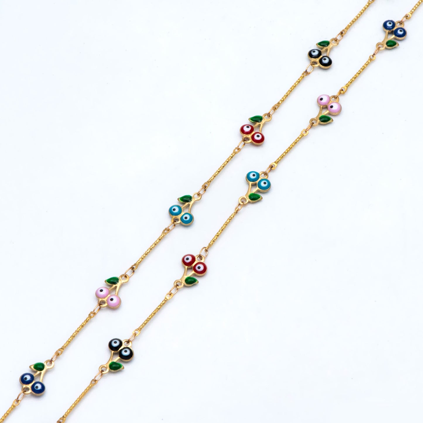 Multicolor Cherry Evil Eye Chain, Brass in Enamel, Unplated Raw Brass Designer Chain (#LK-512)/ 1 Meter=3.3ft