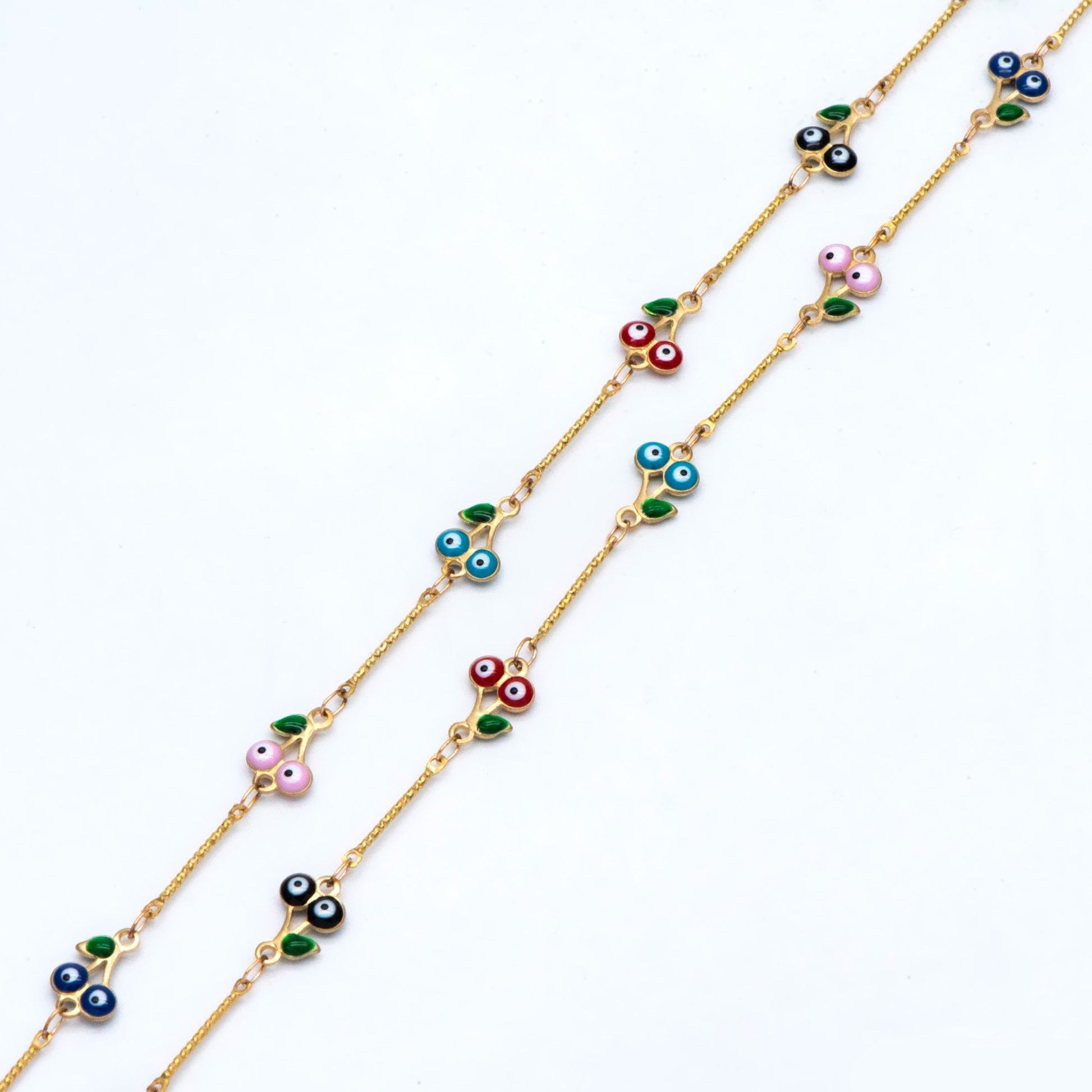 Multicolor Cherry Evil Eye Chain, Brass in Enamel, Unplated Raw Brass Designer Chain (#LK-512)/ 1 Meter=3.3ft