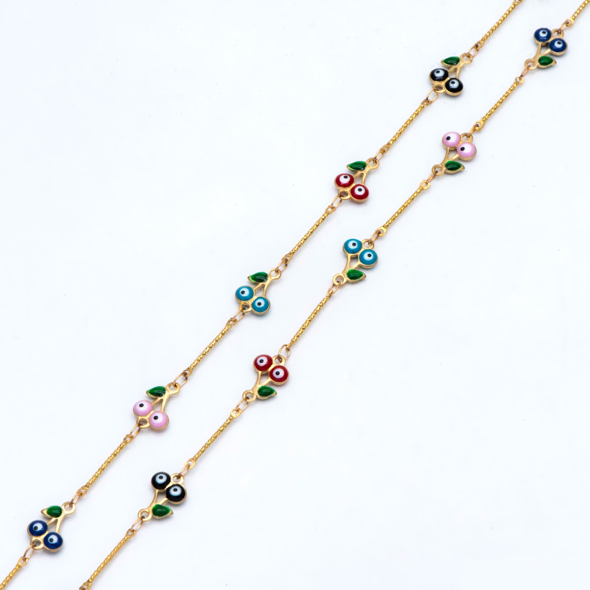 Multicolor Cherry Evil Eye Chain, Brass in Enamel, Unplated Raw Brass Designer Chain (#LK-512)/ 1 Meter=3.3ft
