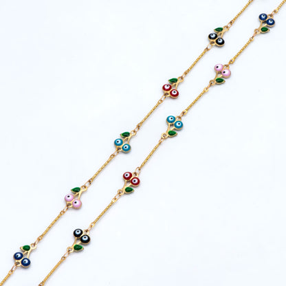 Multicolor Cherry Evil Eye Chain, Brass in Enamel, Unplated Raw Brass Designer Chain (#LK-512)/ 1 Meter=3.3ft