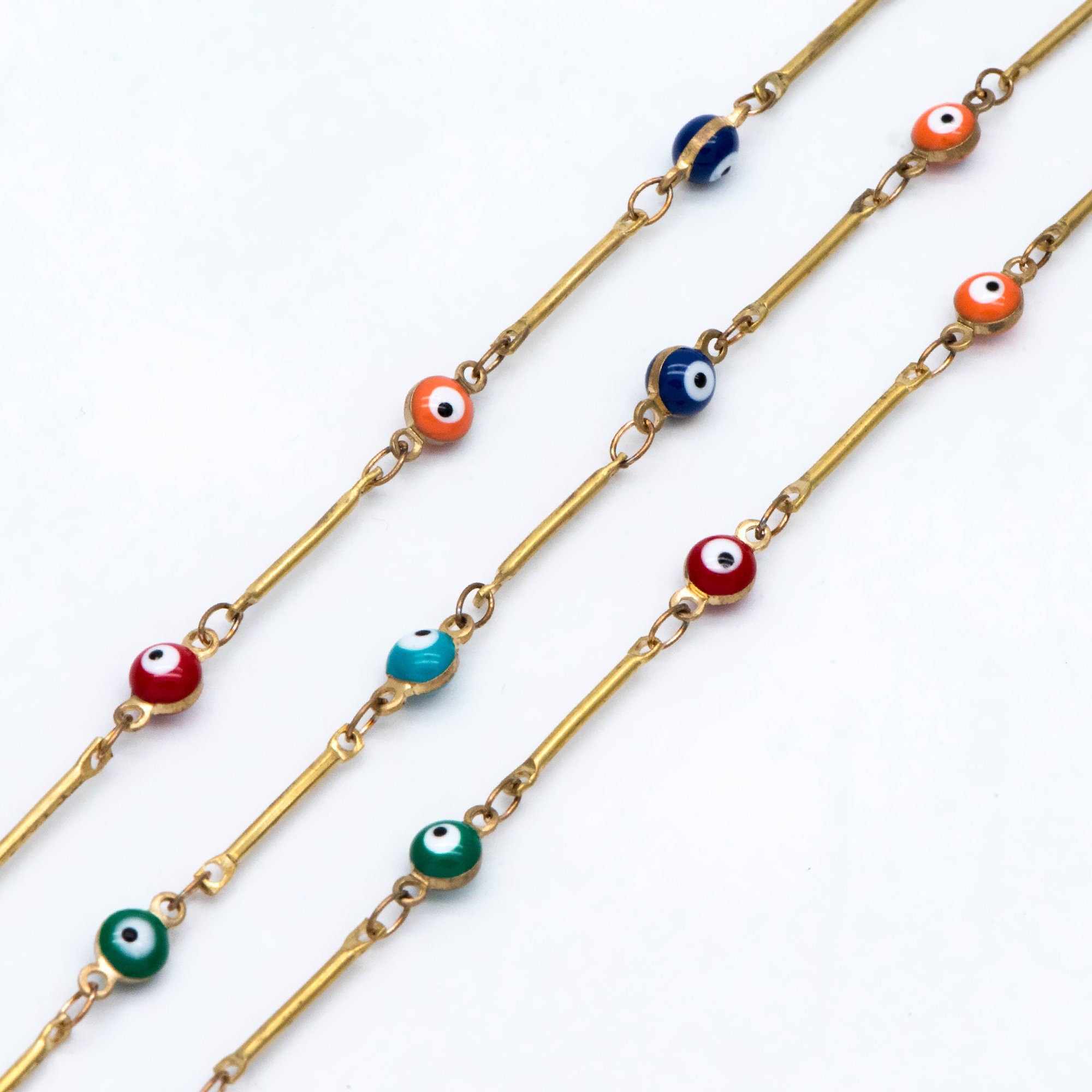 Multicolor Evil Eye Chain, Brass in Enamel, Unplated Raw Brass Designer Chain (#LK-513)/ 1 Meter=3.3 ft
