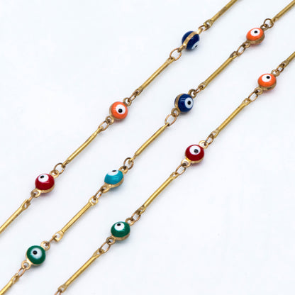 Multicolor Evil Eye Chain, Brass in Enamel, Unplated Raw Brass Designer Chain (#LK-513)/ 1 Meter=3.3 ft