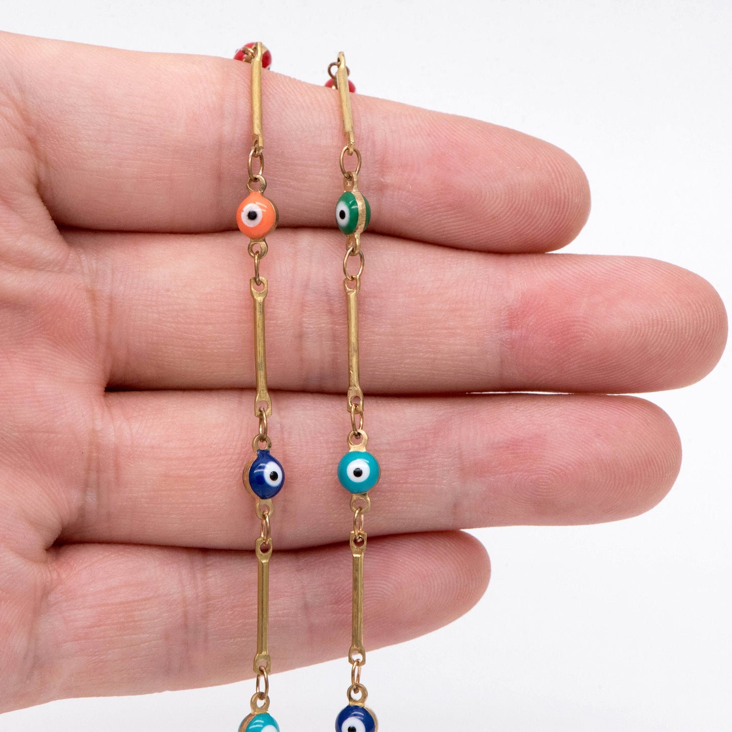 Multicolor Evil Eye Chain, Brass in Enamel, Unplated Raw Brass Designer Chain (#LK-513)/ 1 Meter=3.3 ft