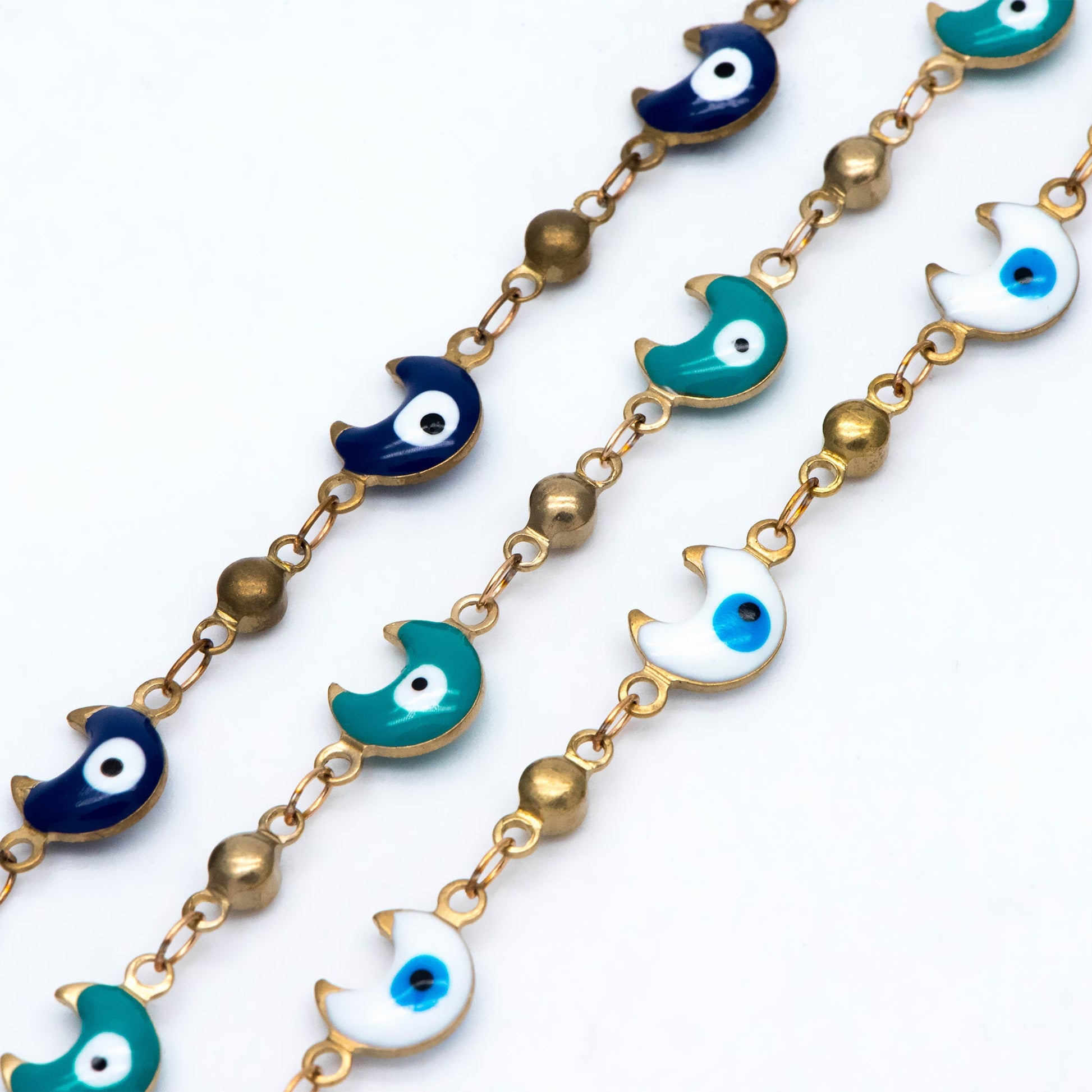 Moon Evil Eye Chain, Brass in Enamel, Beaded Chain, Unplated Raw Brass Designer Chain (#LK-514)/ 1 Meter=3.3 ft