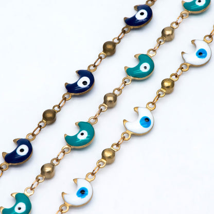 Moon Evil Eye Chain, Brass in Enamel, Beaded Chain, Unplated Raw Brass Designer Chain (#LK-514)/ 1 Meter=3.3 ft
