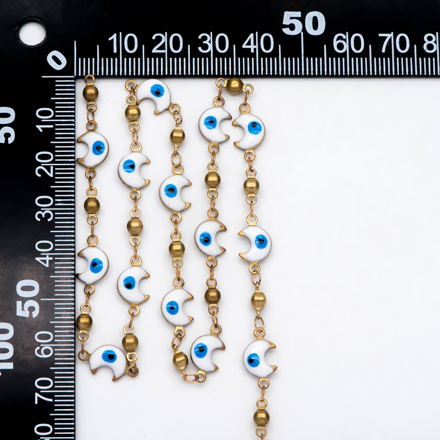 Moon Evil Eye Chain, Brass in Enamel, Beaded Chain, Unplated Raw Brass Designer Chain (#LK-514)/ 1 Meter=3.3 ft