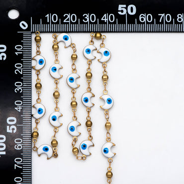 Moon Evil Eye Chain, Brass in Enamel, Beaded Chain, Unplated Raw Brass Designer Chain (#LK-514)/ 1 Meter=3.3 ft