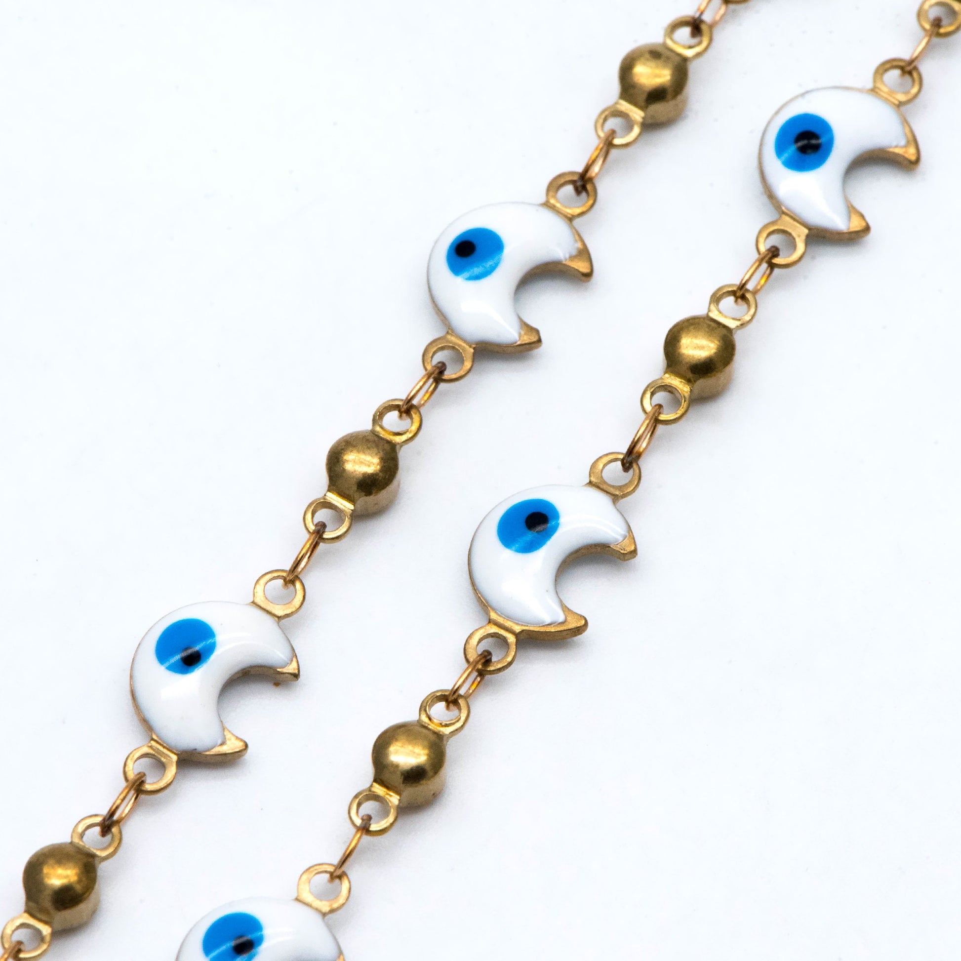 Moon Evil Eye Chain, Brass in Enamel, Beaded Chain, Unplated Raw Brass Designer Chain (#LK-514)/ 1 Meter=3.3 ft