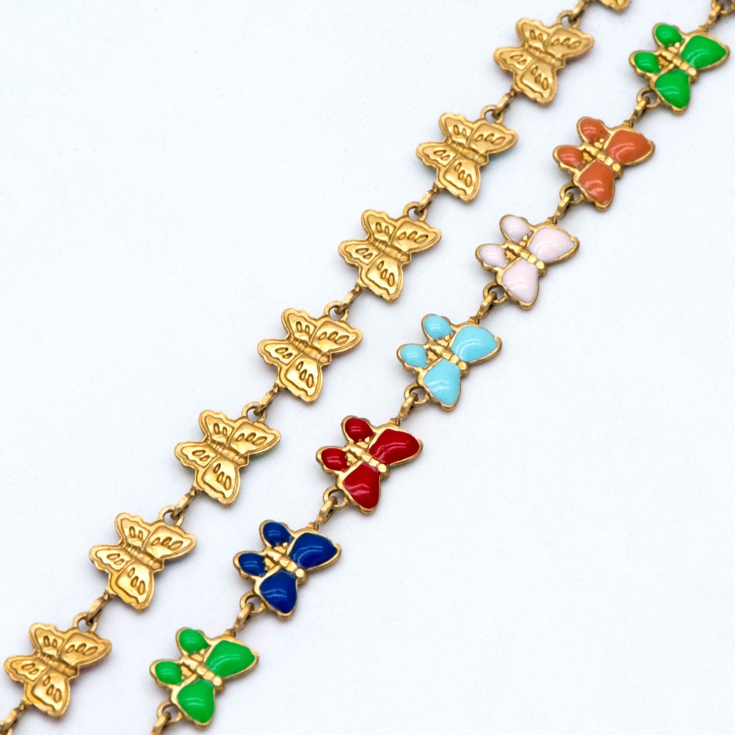 Raw Brass Chain, Multicolor butterfly Chain, Brass in Enamel, Unplated Raw Brass Designer Chain (#LK-515)/ 1 Meter=3.3ft