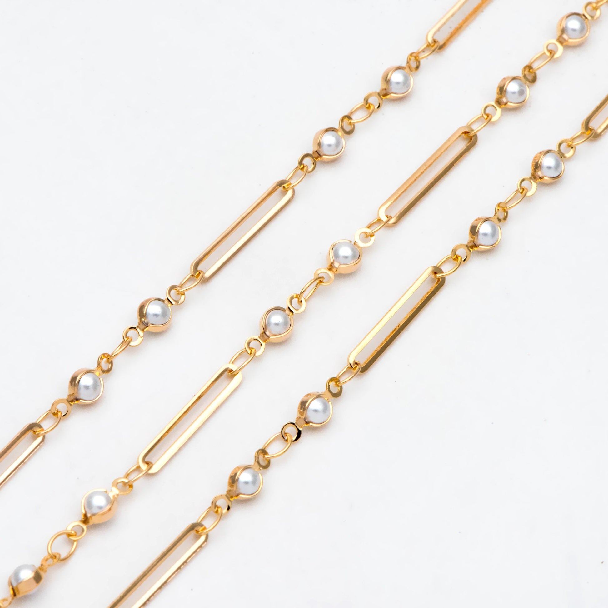 Gold Faux Pearl Designer Chain, 18K Gold plated Brass, Faux Pearl Bezel Connector and Oval Hoops Chain (LK-516) / 1 meter= 3.3ft