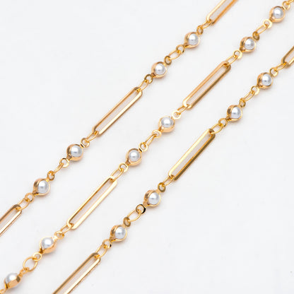 Gold Faux Pearl Designer Chain, 18K Gold plated Brass, Faux Pearl Bezel Connector and Oval Hoops Chain (LK-516) / 1 meter= 3.3ft