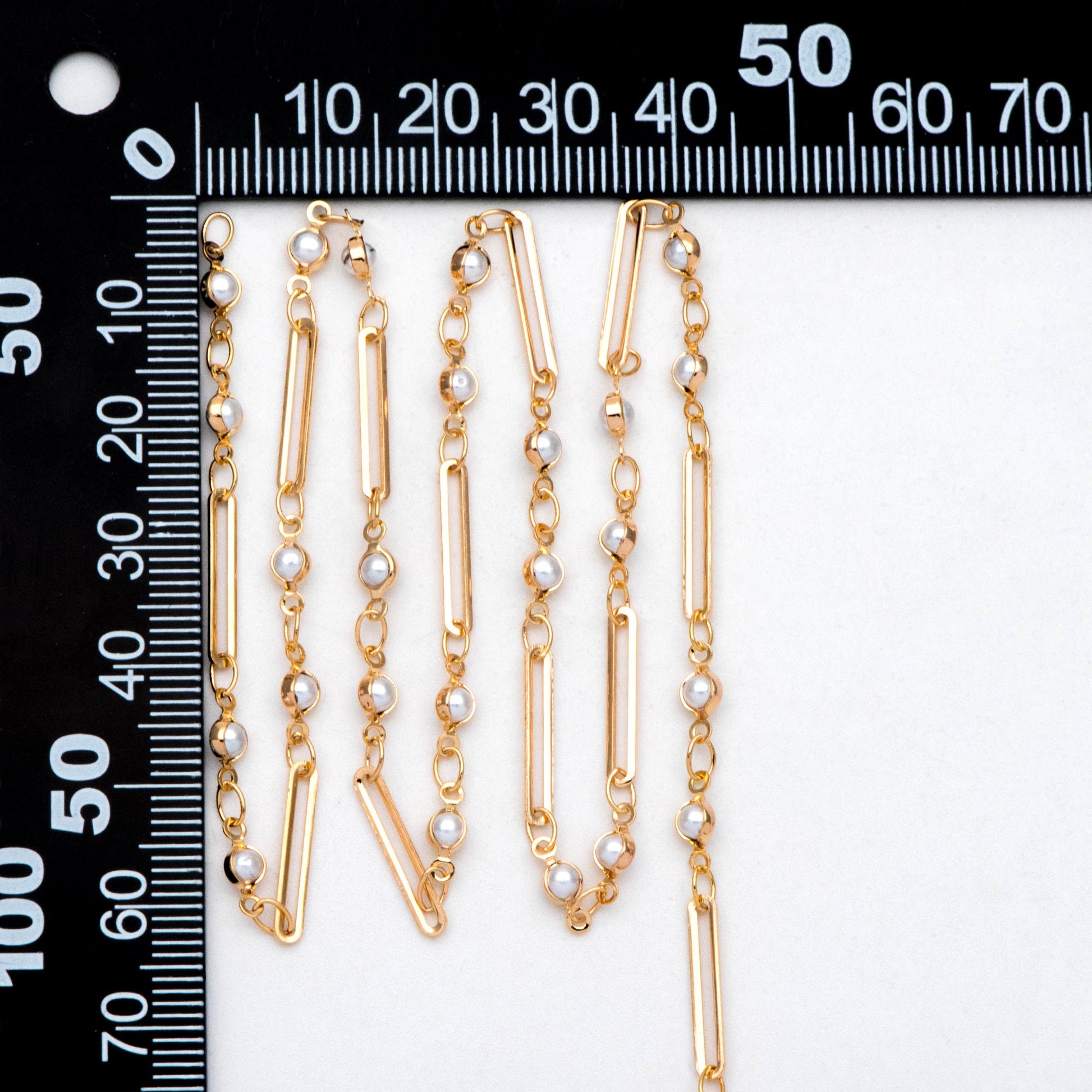 Gold Faux Pearl Designer Chain, 18K Gold plated Brass, Faux Pearl Bezel Connector and Oval Hoops Chain (LK-516) / 1 meter= 3.3ft