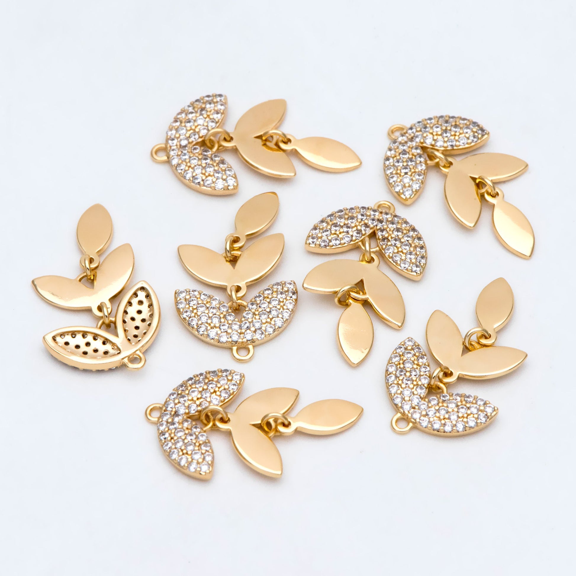 4pcs Gold CZ pave Dainty Leaf Charms, Leaf Pendants 24x13mm, Earring Charm, Necklace Pendant (GB-2926)