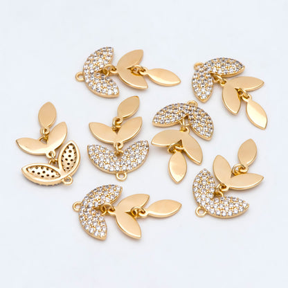 4pcs Gold CZ pave Dainty Leaf Charms, Leaf Pendants 24x13mm, Earring Charm, Necklace Pendant (GB-2926)