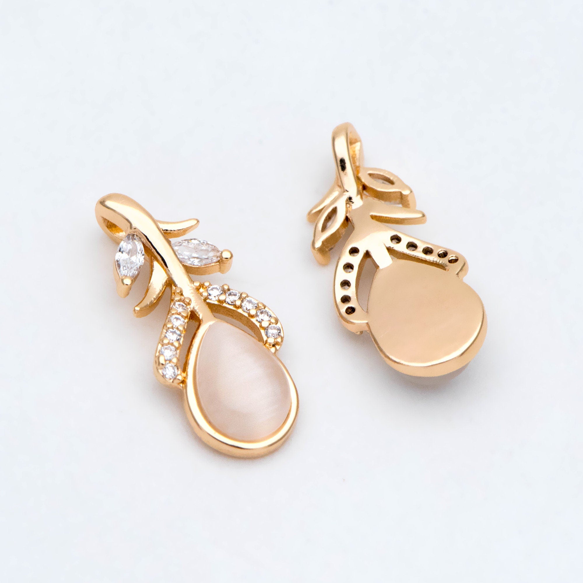 4pcs CZ Pave Cats-Eys Stone Feather Charms, Jewelry Making, Diy Material, Jewelry Supplies (GB-3343-B)