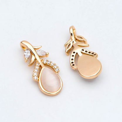 4pcs CZ Pave Cats-Eys Stone Feather Charms, Jewelry Making, Diy Material, Jewelry Supplies (GB-3343-B)